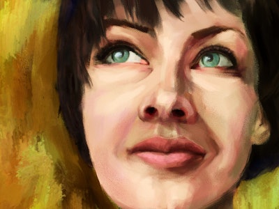 Close-up face of woman, short haircut, dark hair. Scenic background in impressionistic style