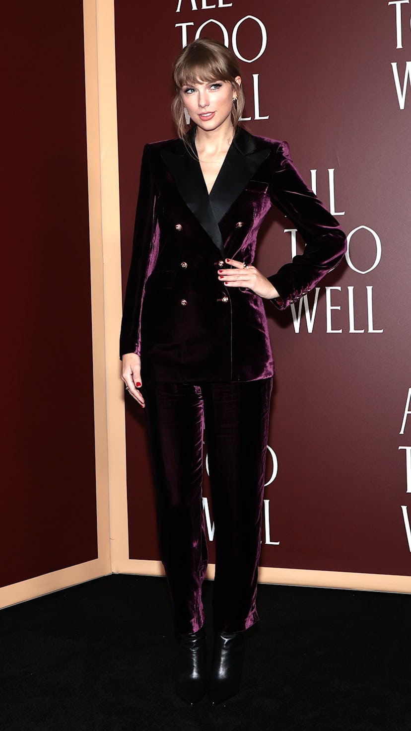 Taylor Swift wears a velvet suit to the "All Too Well" New York Premiere on November 12, 2021, in on...