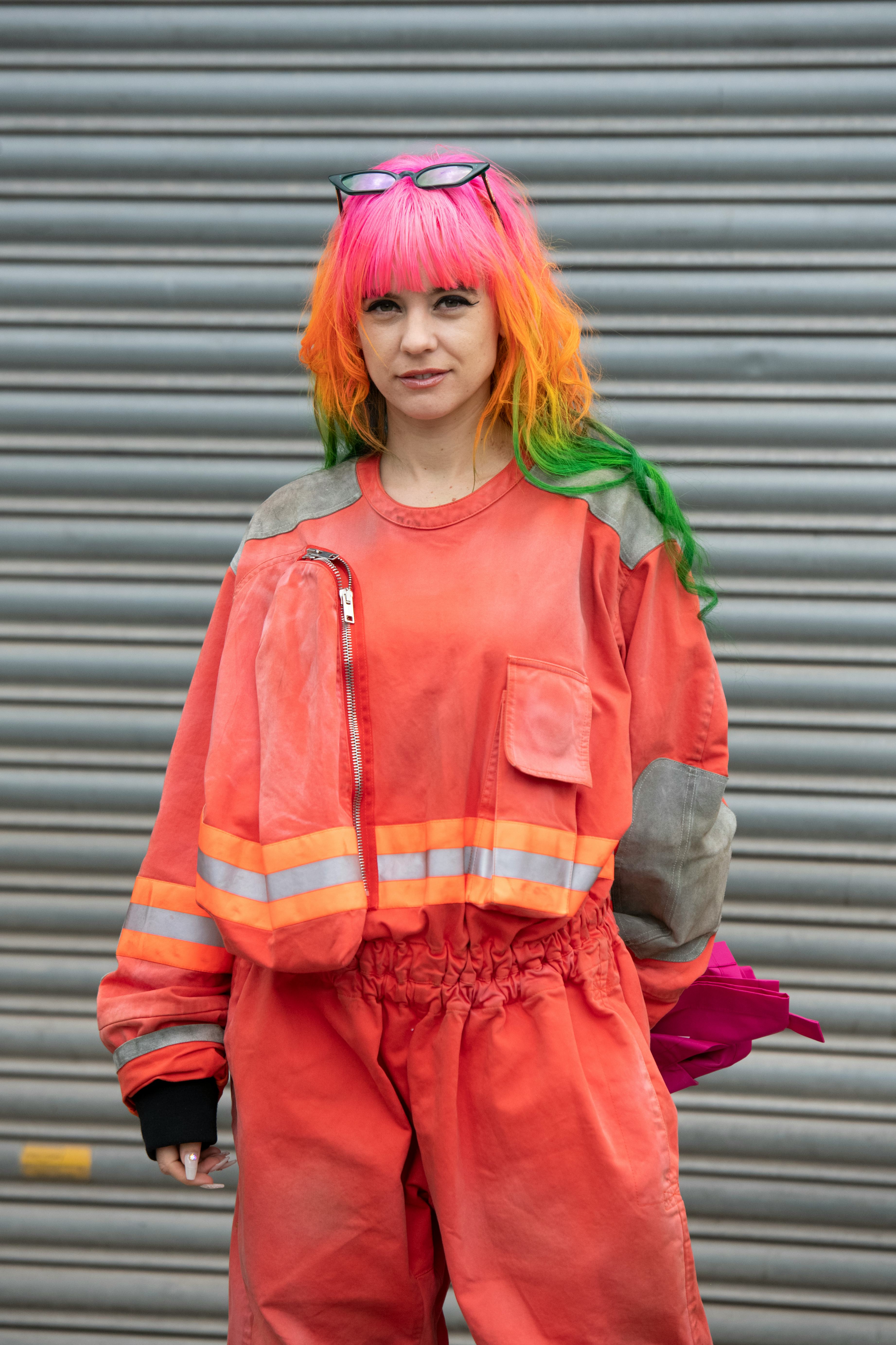 Anna Trevelyan with rainbow hair, who may have based it on her zodiac sign.