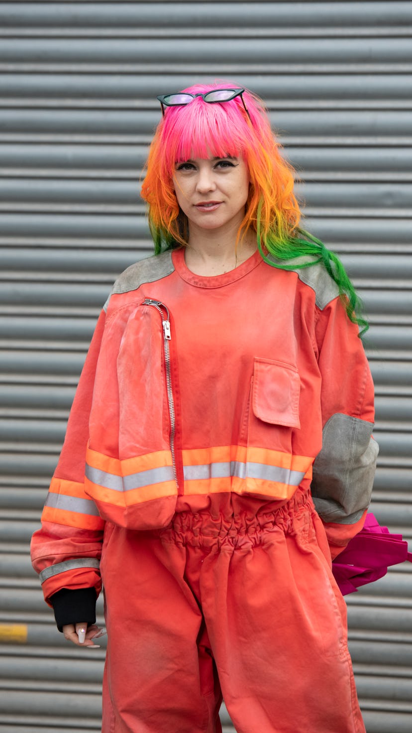 Anna Trevelyan with rainbow hair, who may have based it on her zodiac sign.