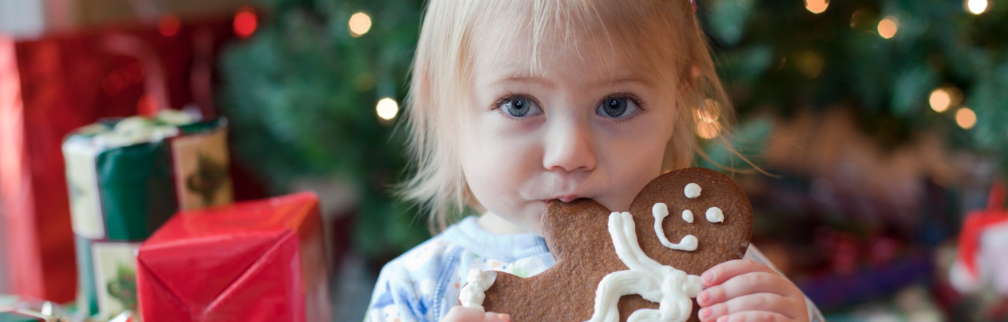 Image of a small child eating a gingerbread cookie.