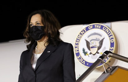 US Vice President Kamala Harris leaves her plane.
