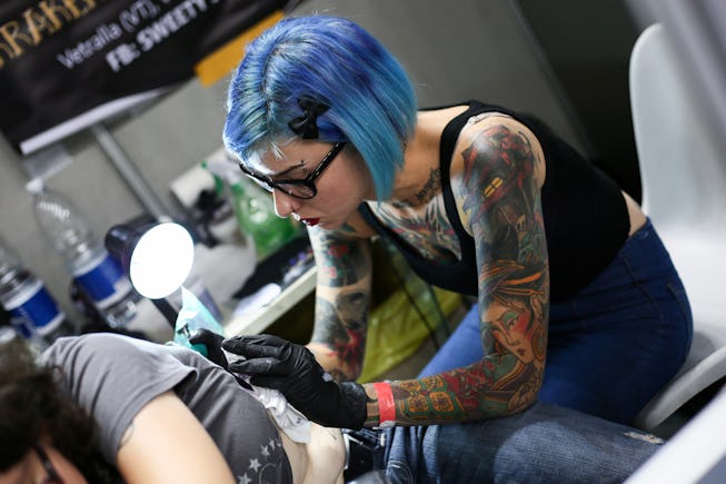 TURIN, EUROPE, ITALY - 2015/09/19: The 6th annual Italian Tattoo Artists Show 2015 at Palavela of Tu...