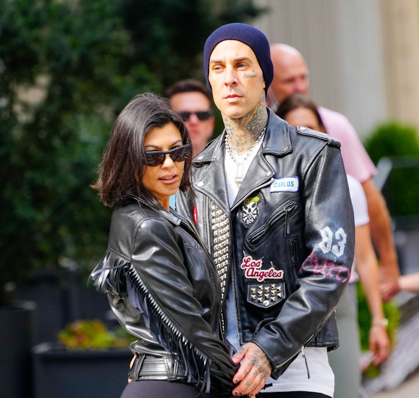 NEW YORK, NEW YORK - OCTOBER 16: Kourtney Kardashian and Travis Barker are seen on October 16, 2021 ...