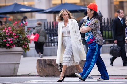 Sarah Jessica Parker and Bobby Lee are seen at a filming location for the 'SATC' reboot 'And Just Li...