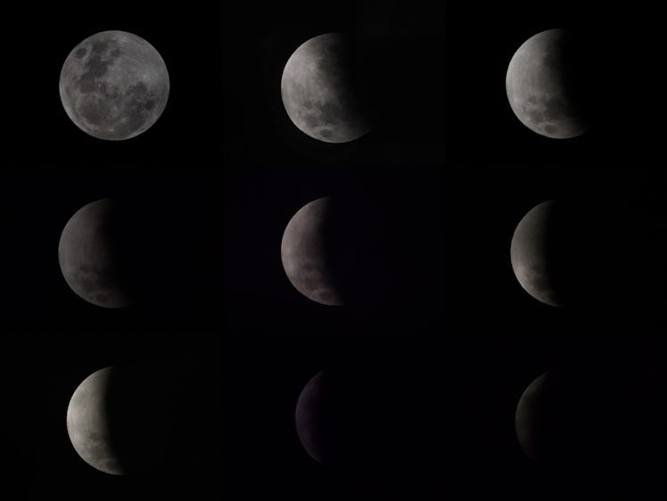 Composite of moon phases during lunar eclipse showing fine detail of lunar surface in Vilcabamba, Ec...