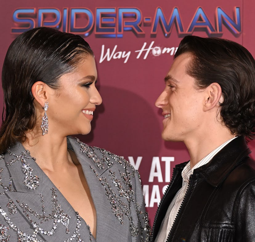 LONDON, ENGLAND - DECEMBER 05: Zendaya and Tom Holland attend a photocall for "Spiderman: No Way Hom...