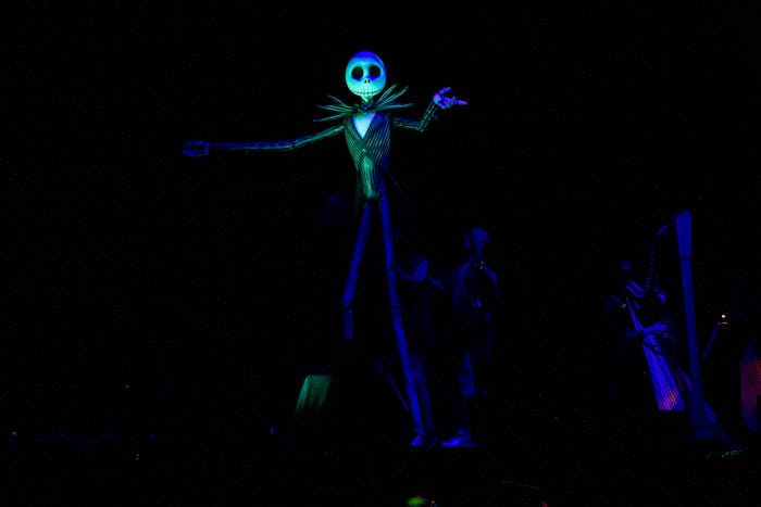 LOS ANGELES, CALIFORNIA - OCTOBER 29: Puppeteers control a Jack Skellington puppet on stage during D...