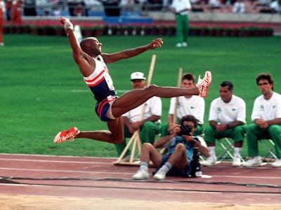 USA's Mike Powell leaps to a silver medal in the long jump  (Photo by S&G/PA Images via Getty Images...