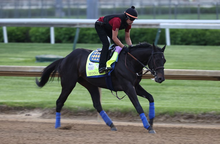 LOUISVILLE, KENTUCKY - APRIL 28: Medina Spirit runs on the track during the training for the Kentuck...