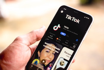 BRAZIL - 2021/03/16: In this photo illustration the TikTok logo in App Store seen displayed on a sma...
