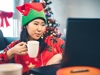 A girl during a Virtual ugly sweater Zoom party