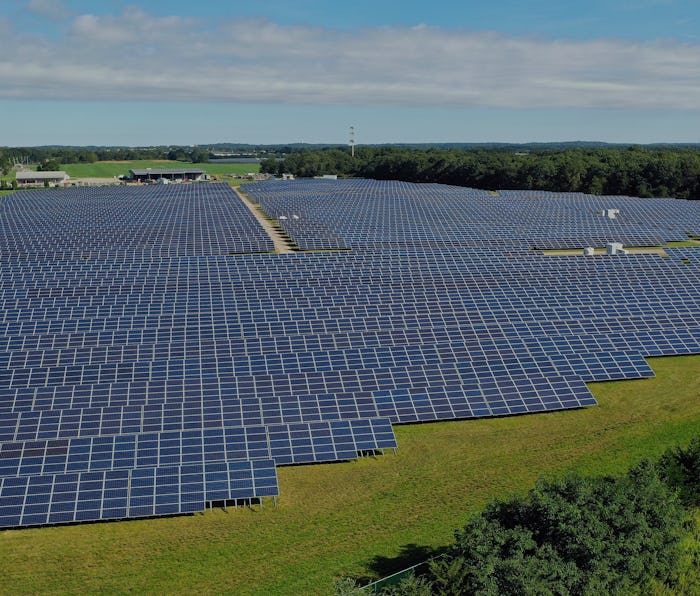 CALVERTON, NEW YORK - SEPTEMBER 19: An aerial view of solar panels at the Sutter Greenworks Solar Si...