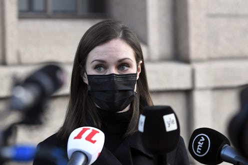 Finnish Prime Minister Sanna Marin speaks to the media during a press conference outside the Finnish...
