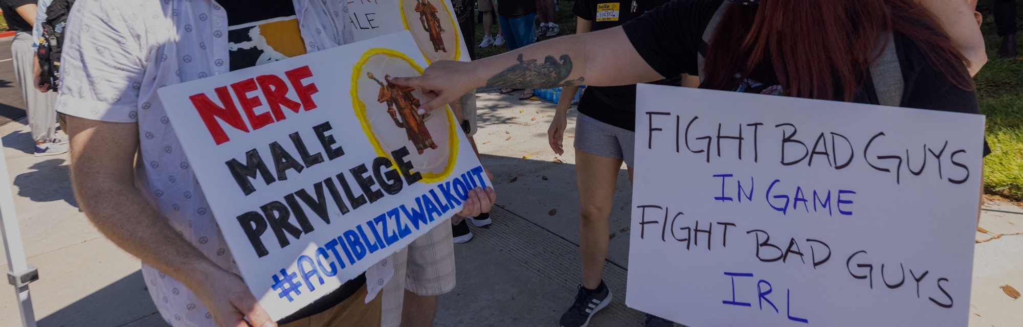 Employees of the video game company, Activision Blizzard, hold a walkout and protest rally to denoun...