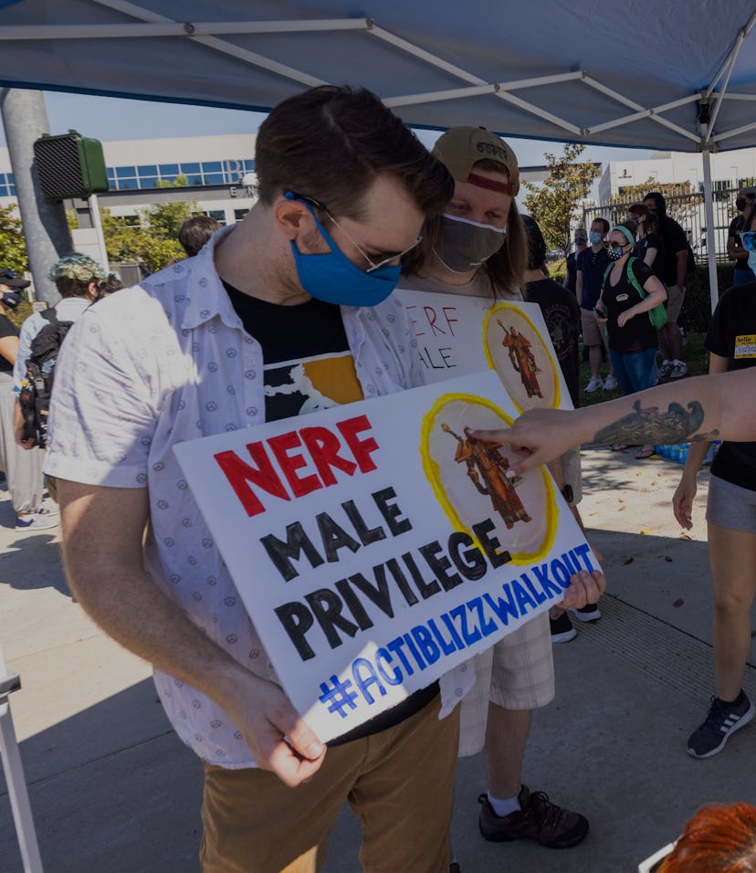 Employees of the video game company, Activision Blizzard, hold a walkout and protest rally to denoun...