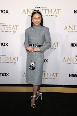 Cathy Ang wears Alessandra Rich houndstooth coat dress.