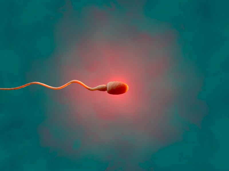 A sperm glowing in bright red with a blue background representing why men need to wait for round two