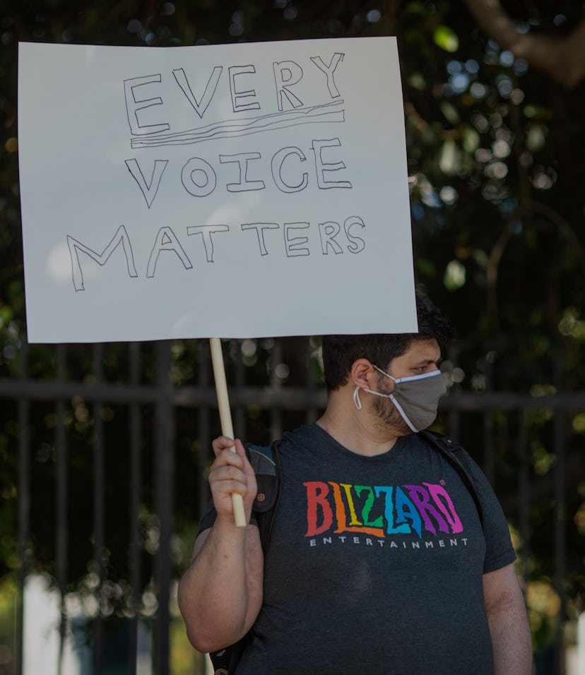 Employees of the video game company, Activision Blizzard, hold a walkout and protest rally to denoun...