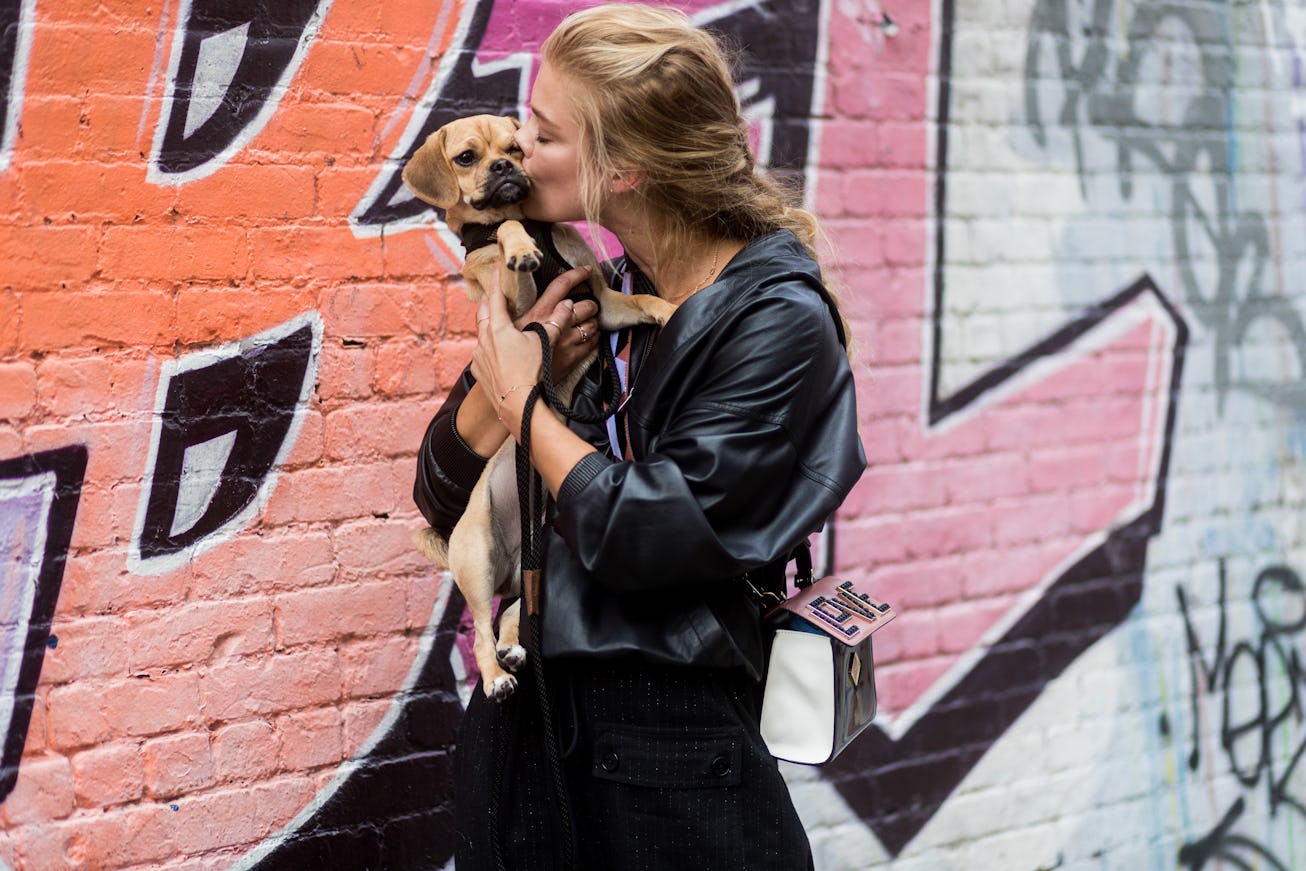 Model Nina Agdal with her dog seen in the streets of Manhattan outside Zadig & Voltaire during New Y...