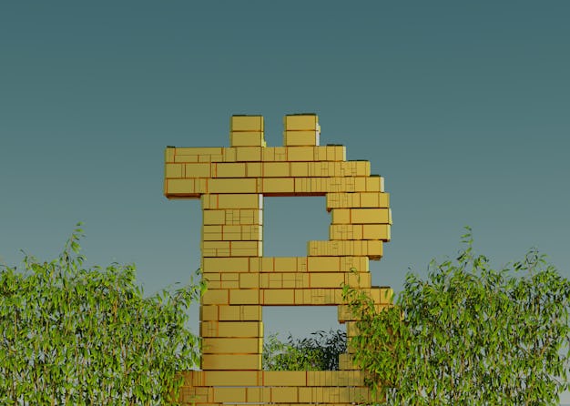 Gold bitcoin logo surrounded by bushes.
