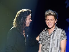 Harry Styles and Niall Horan chat onstage. 