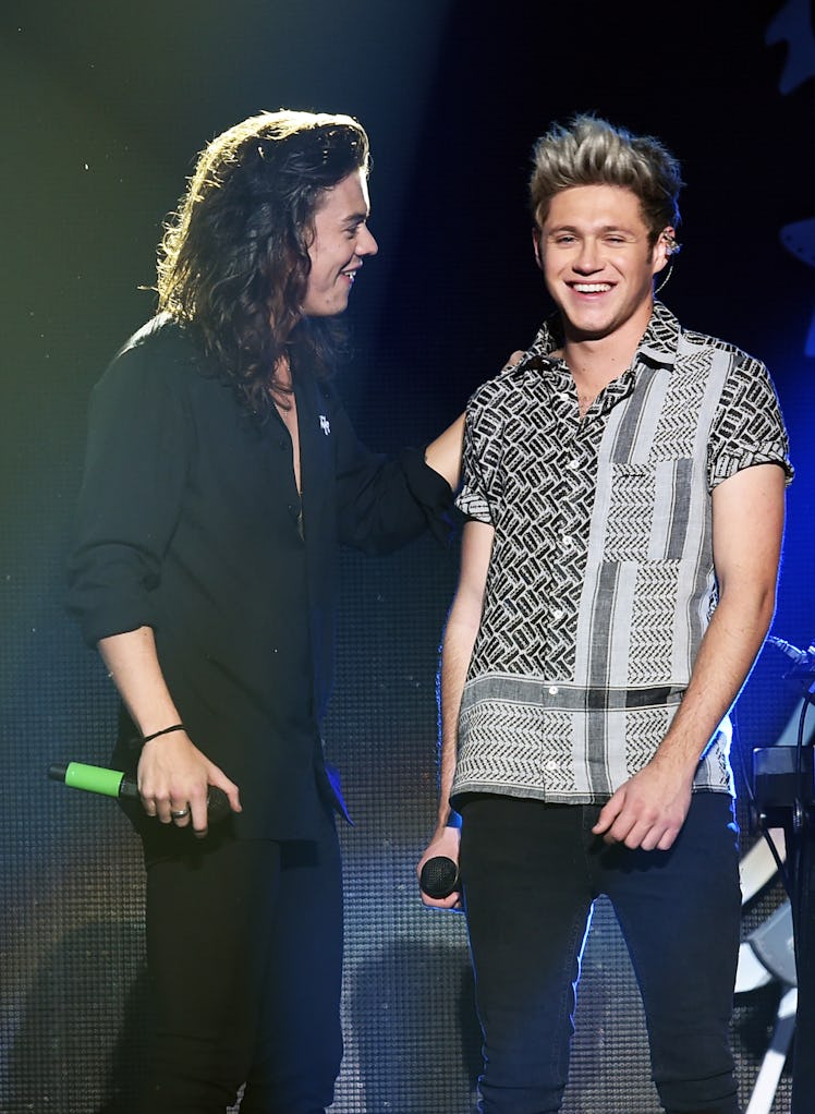 Harry Styles and Niall Horan chat onstage.