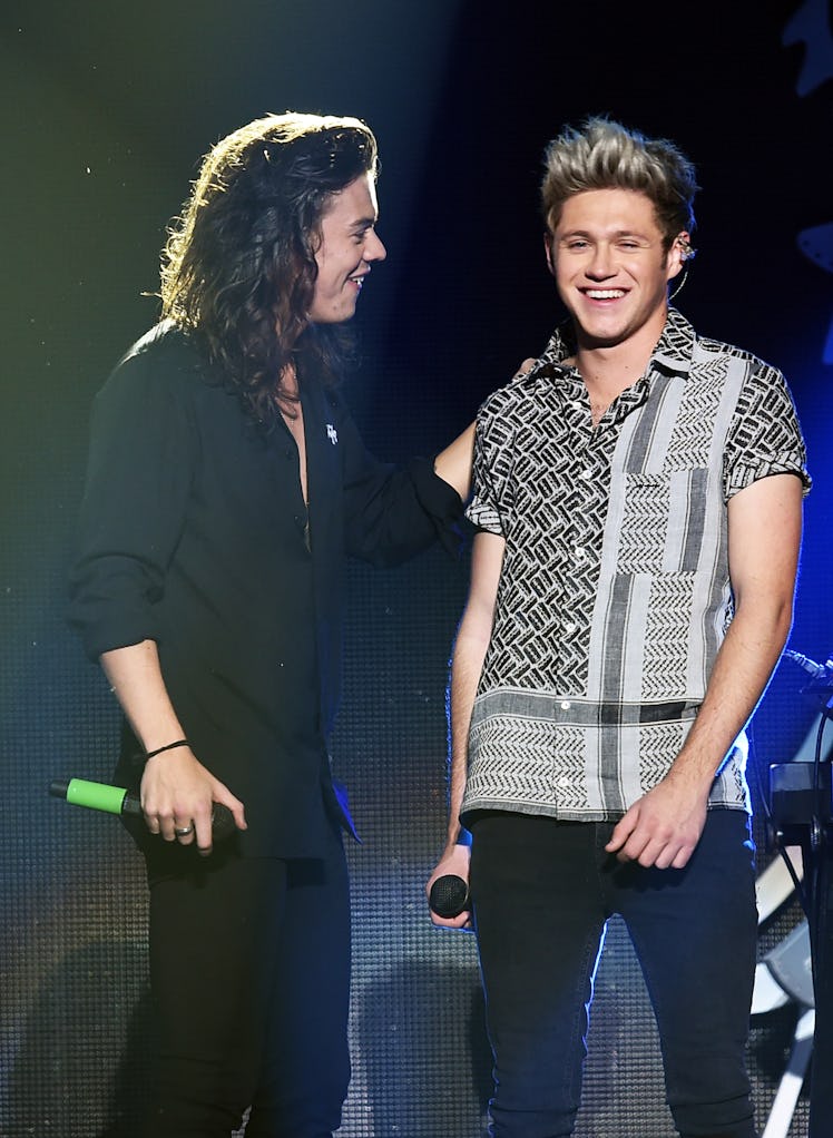 Harry Styles and Niall Horan chat onstage. 