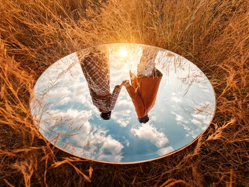 Two friends hold hands as viewed in a mirror, upside-down. The ability to recognize faces may be dim...