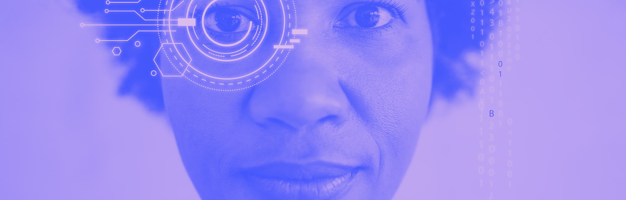 A young woman is seen staring directly at the camera. There are hovering labels on her left eye. The...