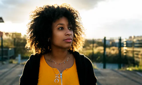 woman, outdoors, sunset, contemplating
