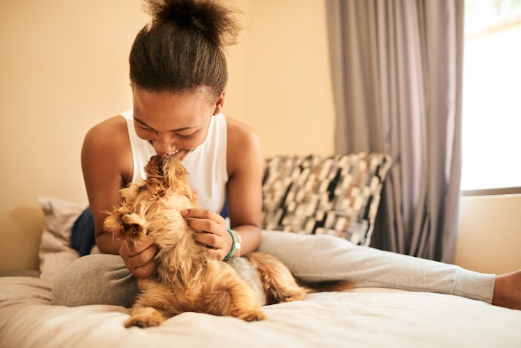 A happy woman kisses her pup on the bed. 