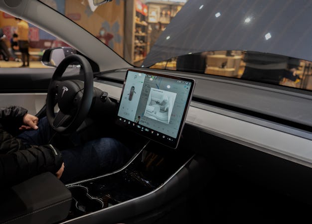 Interior of a Tesla Model 3 sedan. 