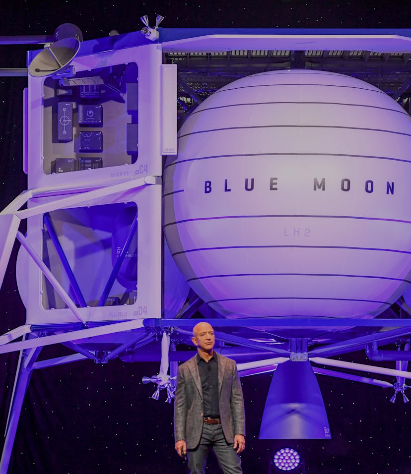 Jeff Bezos speaking at a presentation for his rocket company Blue Origin.