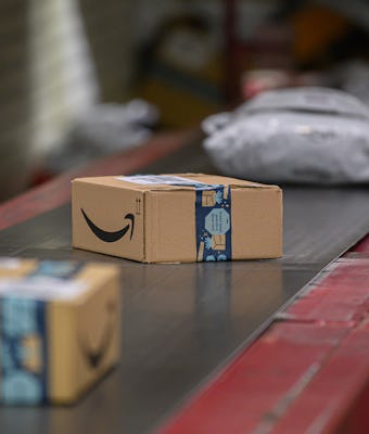 Amazon packages on a conveyor belt