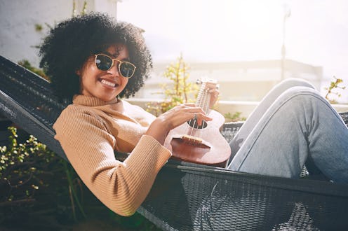 woman, happy, relaxed, music, guitar