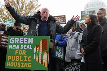 Bernie Sanders and Alexandria Ocasio-Cortez introduce the Green New Deal at a press conference outsi...