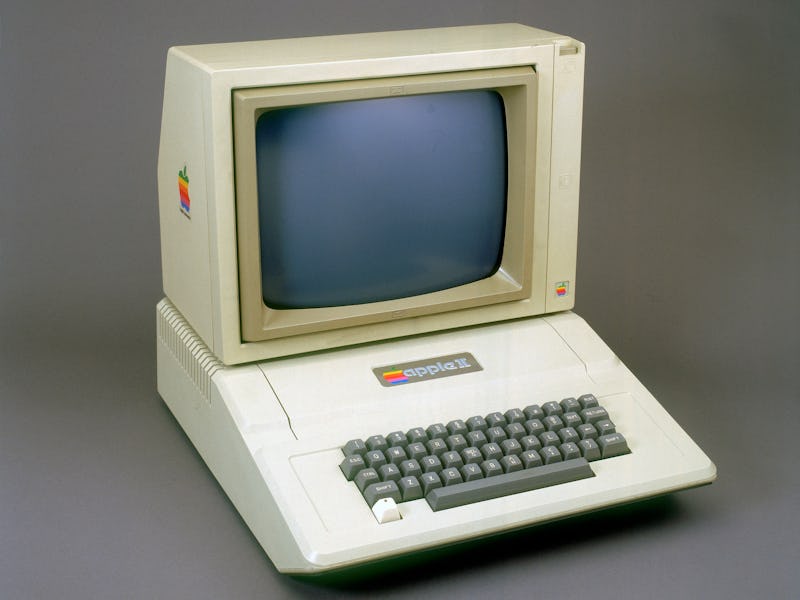 Apple II computer on a gray background.