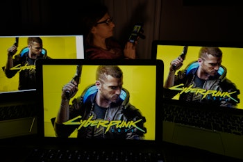 Three screens displaying Cyberpunk 2077 are shown.