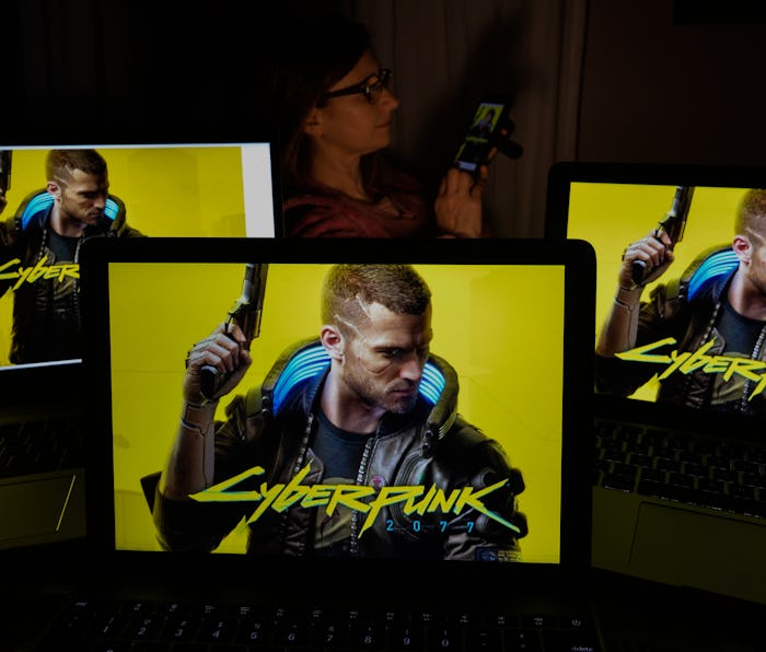 Three screens displaying Cyberpunk 2077 are shown.