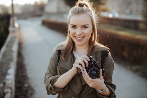 woman, travel, camera