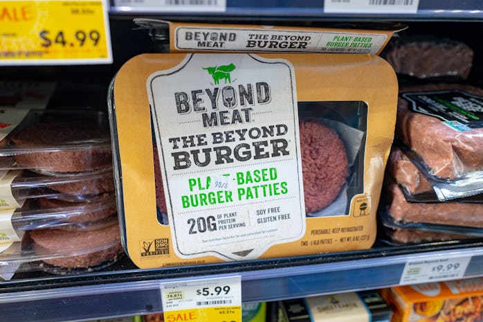 A packet for Beyond Meat's plant-based burger patty is seen at a grocery store. 