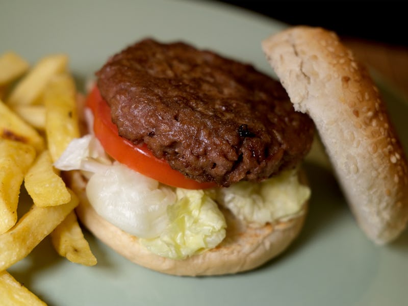 A plant-based burger by Beyond Meat is seen on a plate. 