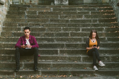 couple, texting, stairs, distant