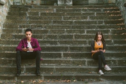 couple, texting, stairs, distant