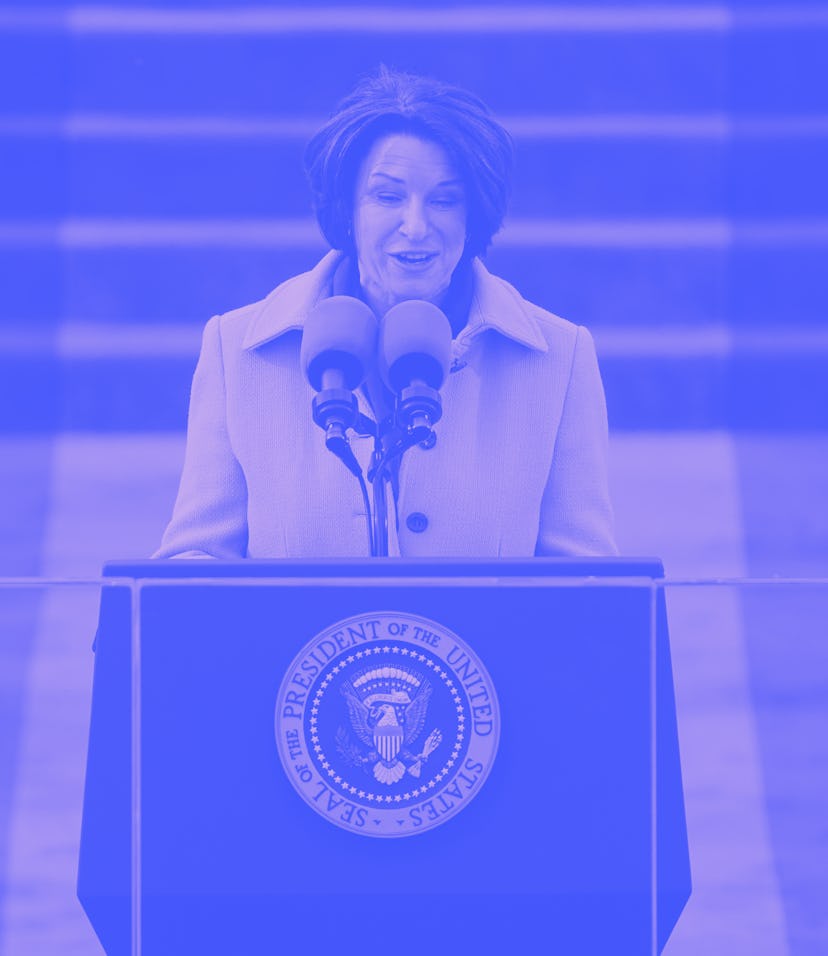 Democratic senator Amy Klobuchar is seen at a podium on Inauguration Day.