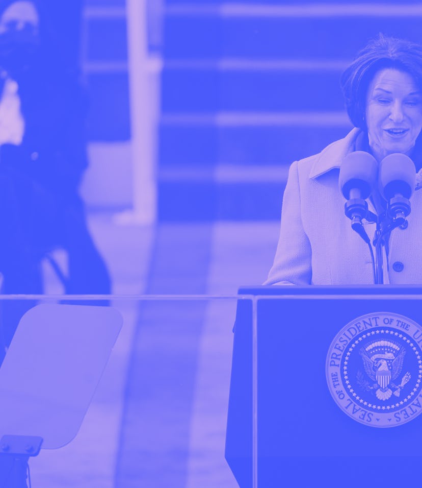 Democratic senator Amy Klobuchar is seen at a podium on Inauguration Day.
