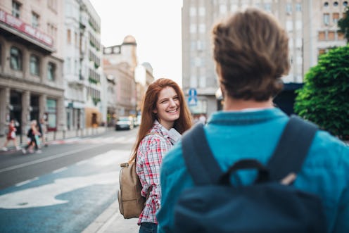 woman, man, smiling, city