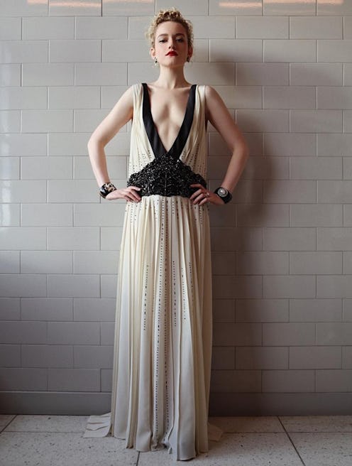 Julia Garner wears a Prada gown to the 2021 Golden Globe Awards on February 28.
