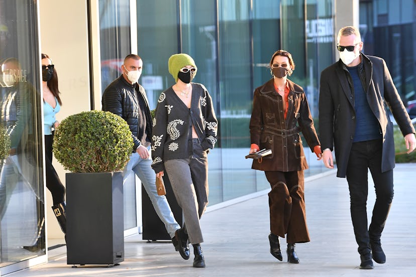 Gigi Hadid and Bella Hadid are seen during the Milan Women's Fashion Week Fall/Winter 2021/2022 on F...